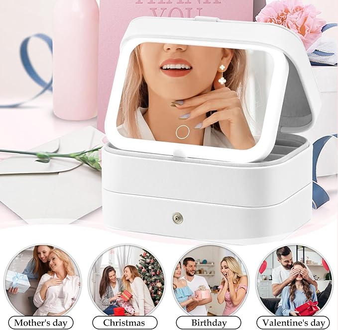 Travel Jewelry Case with LED Lighted Mirror, Portable Travel Jewelry Organizer, 2-Layer Jewelry Box for Earrings Necklace Bracelet Rings, Birthday Gifts for Women Girls Kids (White)