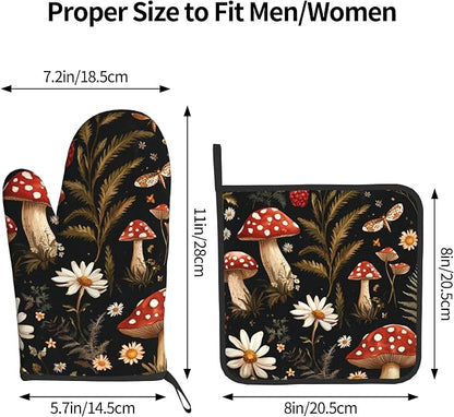 Mushroom Oven Mitt Pot Holder Set Vintage Floral BBQ Cooking Gloves - Image 3