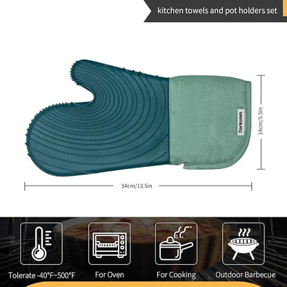 Silicone Oven Mitt Pack, Cotton Lined Gloves, Long Cooking Mitts and Trivet Mats - Image 2