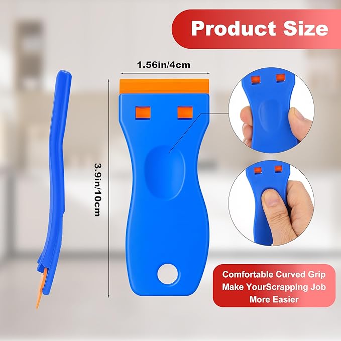 Upgraded Razor Blade Scraper with 2 Pcs Plastic Scraper, Scraper Tool for Cooktop, Oven, Stove, Labels Decal, Plastic Razor Blades for Cleaning Glass Window, Razor Scraper Buit-In Blade torage, Gray