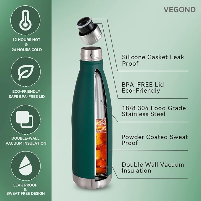 VEGOND 17oz Stainless Steel Water Bottles, Reusable Metal Sports Water Bottle - Image 2