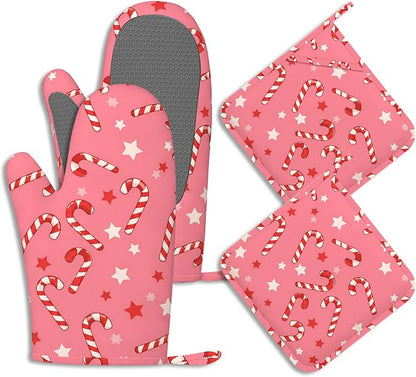 Pink Christmas Candy Cane Pot Holders and Oven Mitts Set Silicone Stars Kitchen by BIGXIUKA