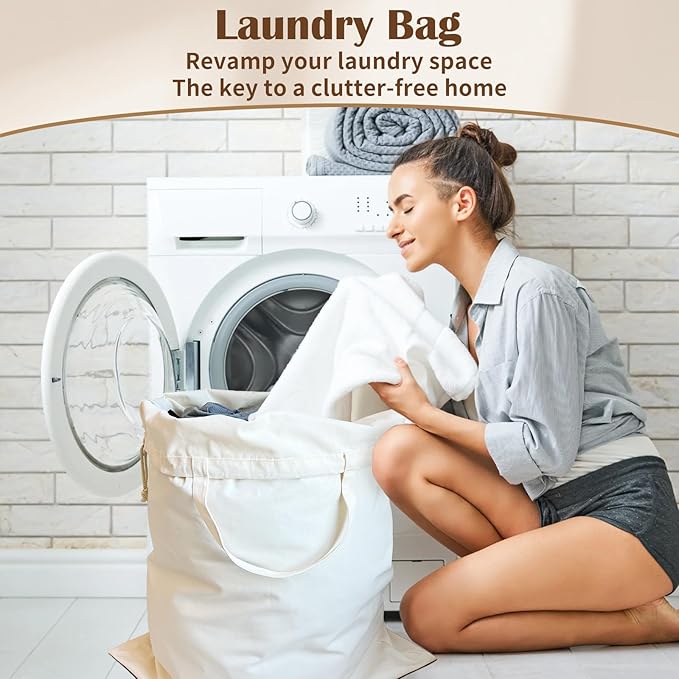 Canvas Laundry Bag 33"x 35", Thick Cotton Laundry Bag with Handles & Drawstring, Extra Large Heavy Duty Washable Basket Liner Hamper Liner Canvas Storage Sack (Beige XL, 2 Pack)