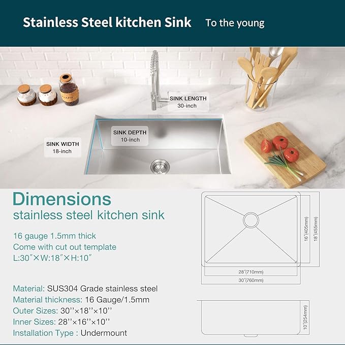 TORVA 30-Inch Undermount Kitchen Sink, Premium 304 Stainless Steel Bar Sink - 10 Inches Deep Basin Single Bowl Sink