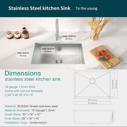 TORVA 30-Inch Undermount Kitchen Sink, Premium 304 Stainless Steel Bar Sink - 10 Inches Deep Basin Single Bowl Sink