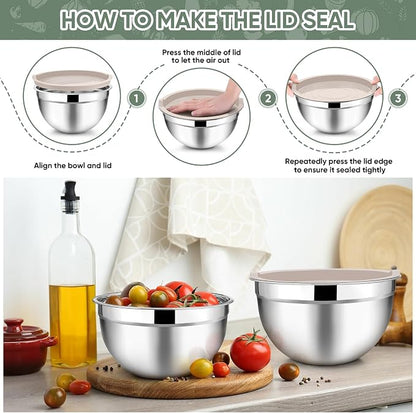 TeamFar Mixing Bowls with Lids, 5-Piece Stainless Steel Metal Nesting Salad Bowl - Image 6