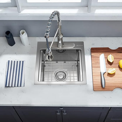 Kitchen Sink, 15 x 15 x 10 inch Small Bar Prep Sink 16 Gauge Stainless Steel Drop Single Bowl Workstation with Cutting Board