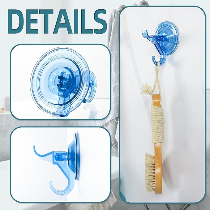 Antimbee Suction Hooks, 5 Pack Clear Hanger, Removable Small Suction Cups for Shower, Bathroom, Glass, Door, Windows, Kitchen - Up to 11 lbs on Smooth Surface - 2 Hooks Design (Transparent Blue)