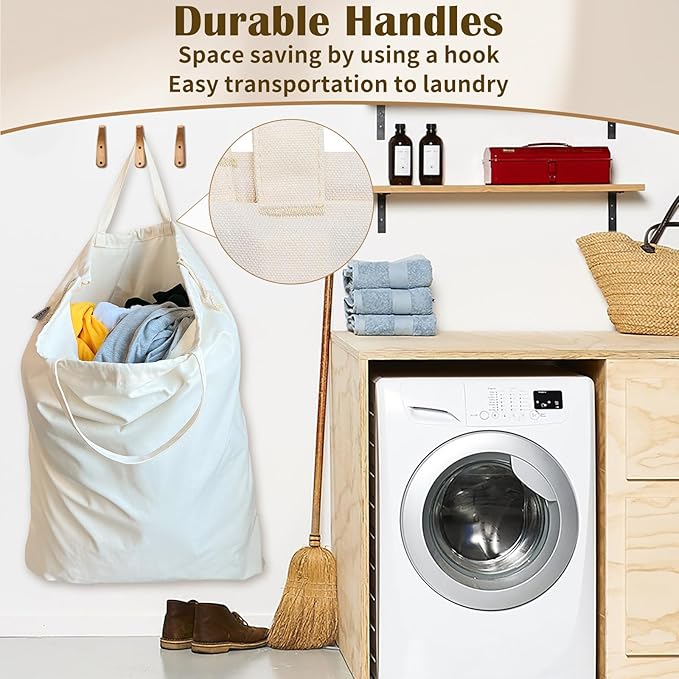 Canvas Laundry Bag 33"x 35", Thick Cotton Laundry Bag with Handles & Drawstring, Extra Large Heavy Duty Washable Basket Liner Hamper Liner Canvas Storage Sack (Beige XL, 2 Pack)