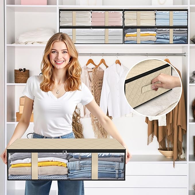 StorageRight Under Bed Storage Bins, 2-Pack 40L Foldable Fabric Storage Bags with Transparent Window, Breathable Organizer for Clothes/Blanket/Comforter/Quilts,Beige