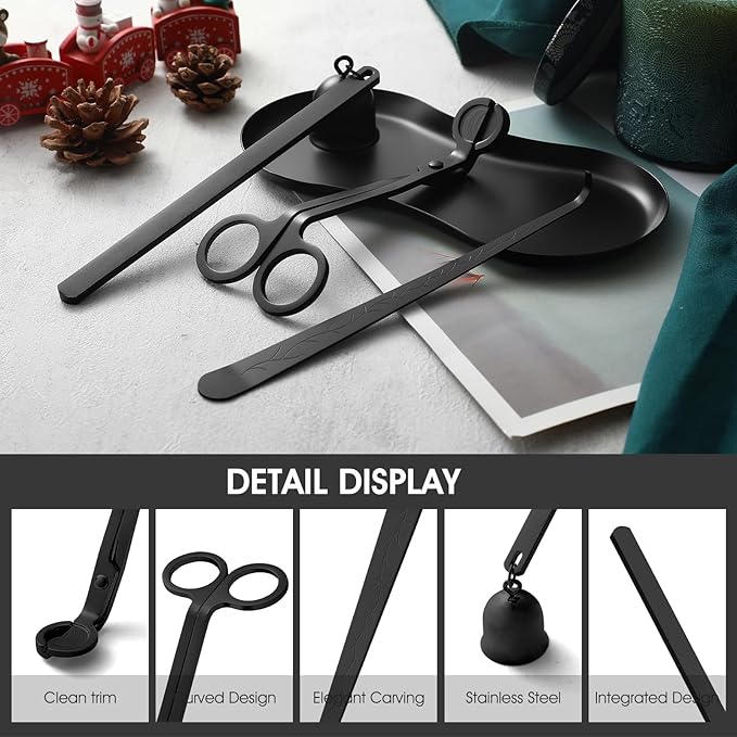 PATOISE 4 in 1 Candle Accessory Set Mini, Candle Wick Trimmer Cutter, Candle Snuffer, Candle Wick Dipper, Tray Holder in Gift Package for Candle Aromatherapy Lovers(4PCS Black)
