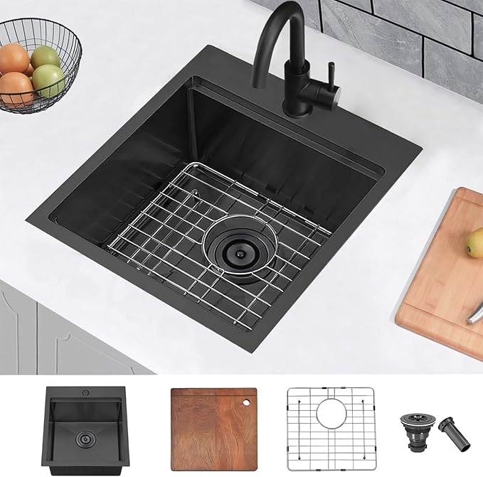 COMLLEN 17x19 Inch Black Drop in Bar Sink, 304 Stainless Steel Utility Kitchen Workstation,Gunmetal 9 Inch Deep Wet Bar Sink, RV Laundry Prep Kitchen Sinks with Dish Grid & Drain & Cutting Board