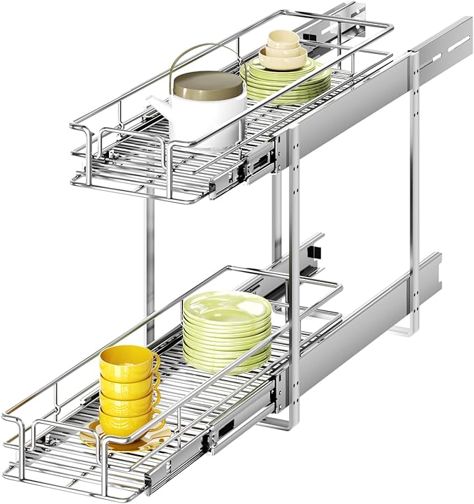 2 Tier Individual Pull Out Cabinet Organizer 9" W x 21½" D, Heavy Duty Cabinet by Unknown