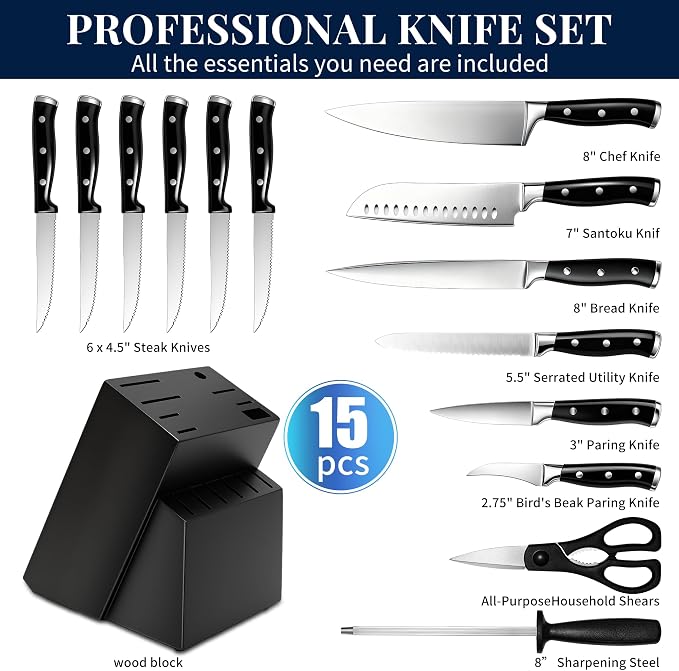 Knife Set, 15 Piece Premium Kitchen Knife Block Set, Razor-Sharp, High Carbon - Image 5