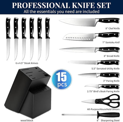 Knife Set, 15 Piece Premium Kitchen Knife Block Set, Razor-Sharp, High Carbon - Image 5