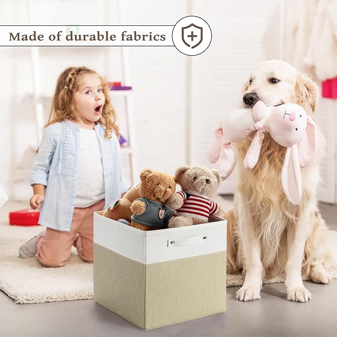 13 x 13 Inch Fine Linen Storage Bins with Handles，Fabric Cube Boxs，Collapsible Basket Organizers for Shelves for Home, Closet Drawers (White/Khaki-4 Pack)