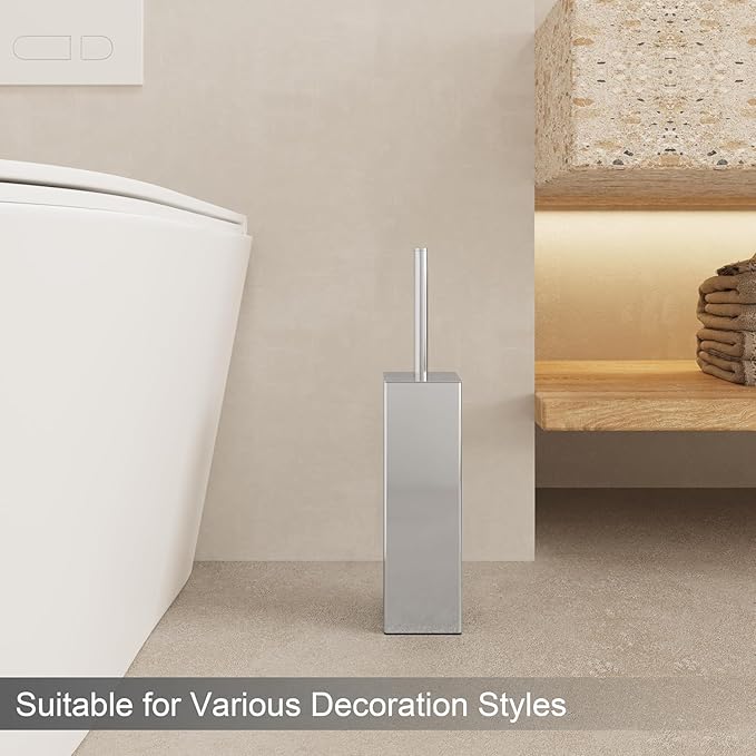 Chrome Square Stainless Steel Toilet Brush with Holder, 304 Modern Toilet Brush Set – Rust Resistant, Long Handle, Replacement Heads, Floor Standing Bathroom Toilet Cleaning Brush
