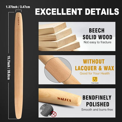 WALFOS French Rolling Pin for Baking, Tapered Design Natural Beech Wood Rolling - Image 3