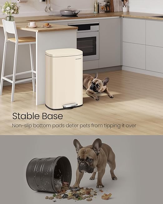 SONGMICS 13 Gallon (50 L) Trash Can, Stainless Steel Kitchen Garbage Can, Recycling or Waste Bin, Soft Close, Step-On Pedal, Removable Inner Bucket, Sand Beige ULTB050A01