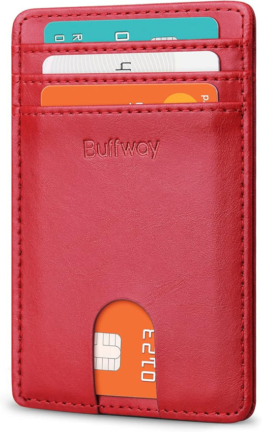 Buffway Mens Slim Wallet, Minimalist Thin Front Pocket Leather Credit Card Holder with RFID Blocking for Work Travel
