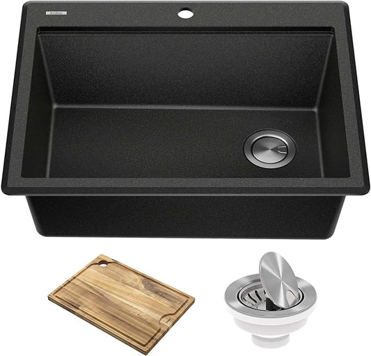 KRAUS Bellucci 28-inch Granite Workstation Drop In Top Mount Single Bowl Kitchen Sink in Metallic Black with Accessories, KGTW12-28MBL