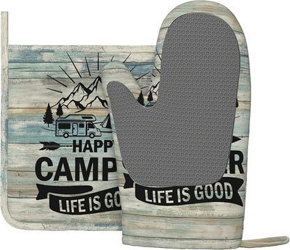 Happy Camper Oven Mitts and Pot Holders Sets of 4, Resistant Hot Pads - Image 2