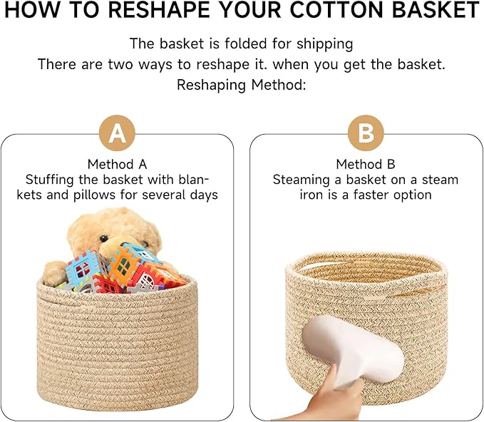 Small Basket for Organizing | Cube Shelf Closet Storage Baskets | 9.7×9.7×7.1” | Woven Rope Gift Basket | Nursery | Round 3 Packs Tan