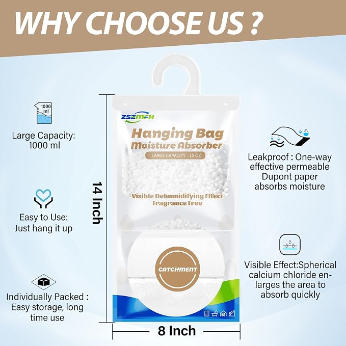 ZSZMFH 8 Pack Moisture Absorber Hanging Bags, Fragrance Free Humidity Packs - Image 2