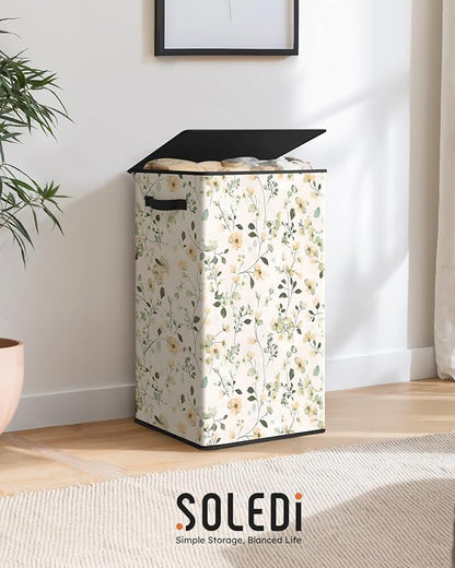 SOLEDI Laundry Hamper with Lid, 90L Tall & Large Floral Laundry Basket, Collapsible Clothes Hamper with Removable Bag, Dirty Hampers for Bedroom, Bathroom, Laundry Room