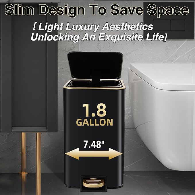 Small Bathroom Trash Can with Lid Soft Close, 1.8 Gallon Stainless Steel Garbage Can with Removable Inner Bucket,3PCS Soap Dispenser,75Count Trash Bag, Slim Step Pedal Trash Bins