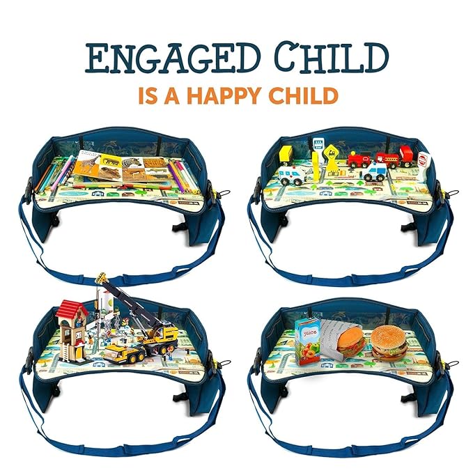 Coolmum Kids Travel Tray, Toddler Car Seat Tray, Double Sided Activity Organizer, Snack Lap Table, Baby Stroller Tray, Airplane Play Table, Waterproof and Foldable (Premium Blue)