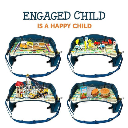 Coolmum Kids Travel Tray, Toddler Car Seat Tray, Double Sided Activity Organizer, Snack Lap Table, Baby Stroller Tray, Airplane Play Table, Waterproof and Foldable (Premium Blue)