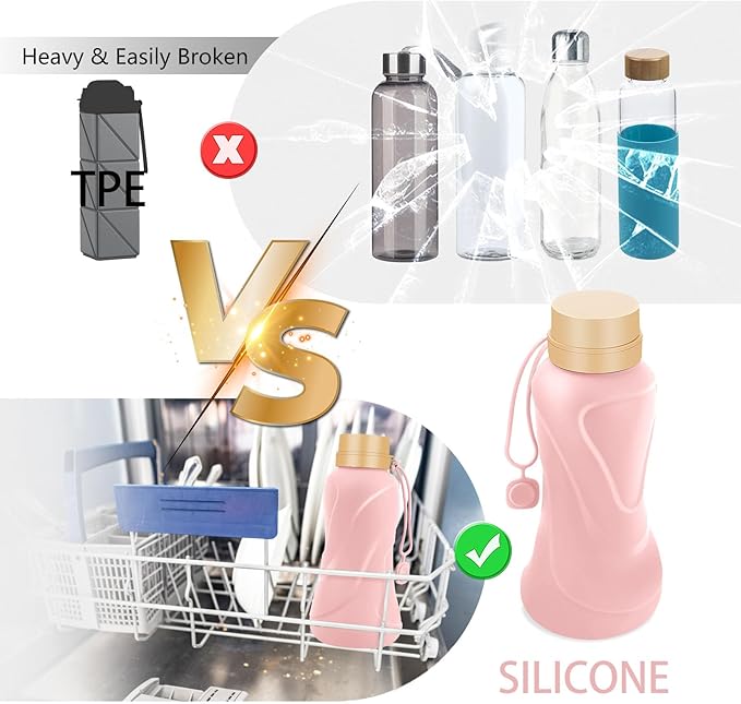 Collapsible Water Bottles,650ml,Leak Proof,Reuseable BPA Free Silicone Foldable Water Bottles,Durable Lightweight for Travel Gym Camping Hiking,Compact Size Portable Sports Water Bottle (Pink)