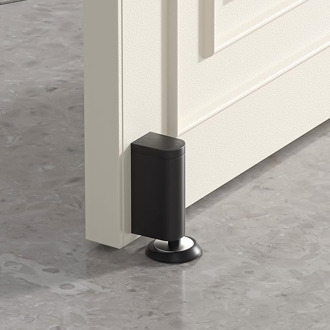 Windproof Magnetic Door Stoppers, 0-0.78" Stroke Mechanical Doorstop, No-Hole Flooring Door Suction with 3M Strong Adhesive and Screws, Black, 1 Pack