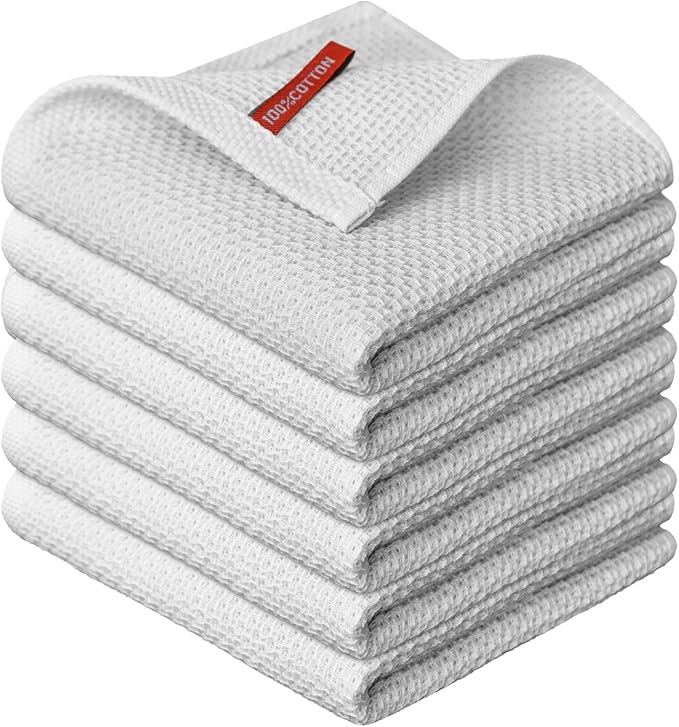 Artoid Mode 100% Cotton Light Grey Waffle Weave Kitchen Dish Cloths, 12x12 Inch Ultra Soft Absorbent Quick Drying Kitchen Dish Towels Set of 6