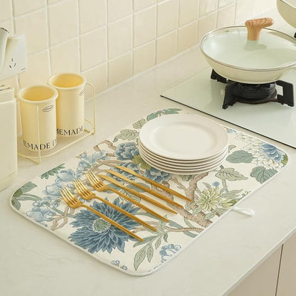 Chinoiserie Dish Drying Mat 18x24 Inch Vintage Sage Green Blue Floral Drying - Image 2