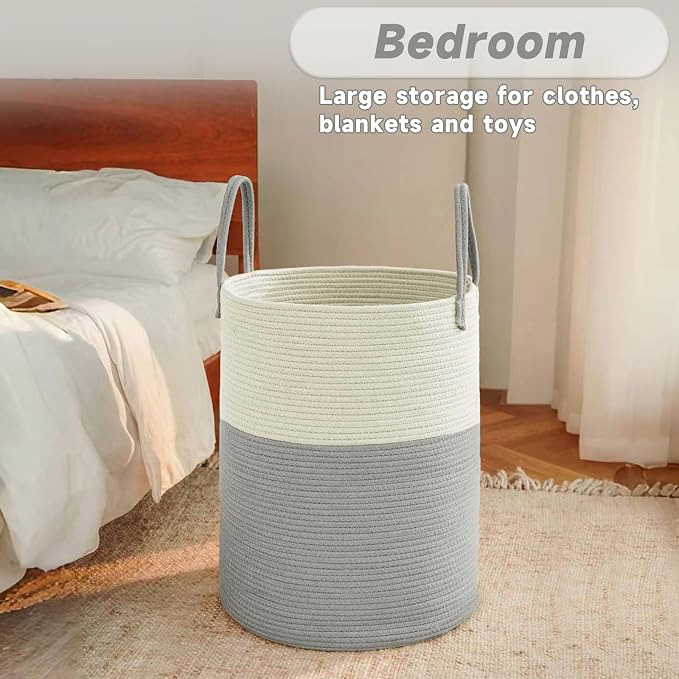 Large Woven Laundry Basket Hamper, 60L Cotton Rope Storage Bin - Image 4