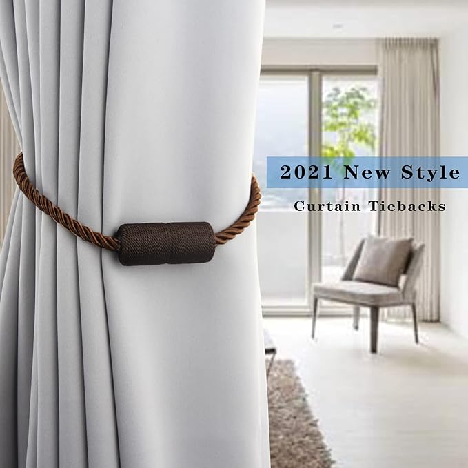 4 Pack Strong Magnetic Curtain Tiebacks Outdoor Elegant Decorative Tie Backs Modern Rope Tiebacks for Drapes Window Curtain Holdbacks for Draperies- Coffee