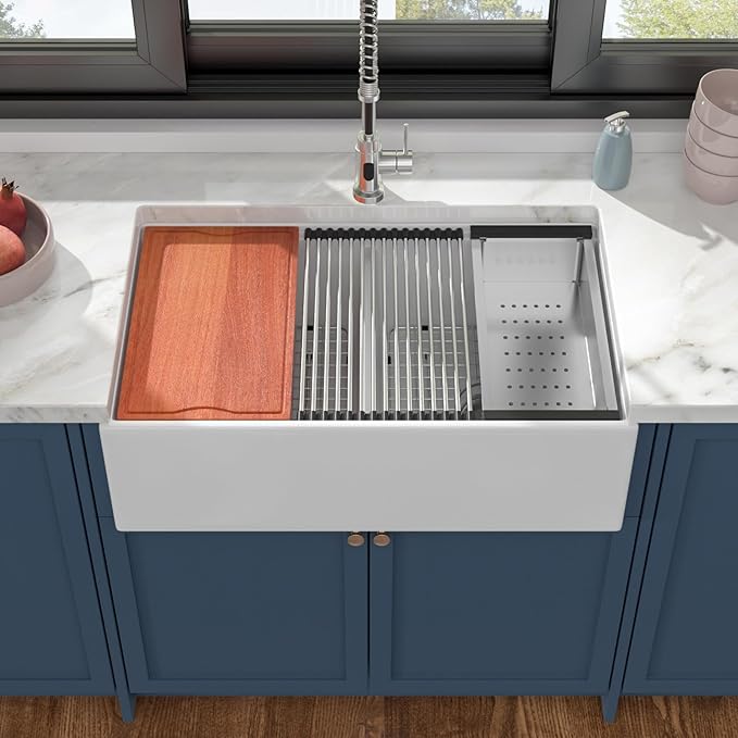 Dcolora Farmhouse Sink Double Bowl, White Kitchen Sink 33 Inch Farm House Workstation Ceramic Apron Front Country Sinks #DC-A8879, 33"x20"x10"