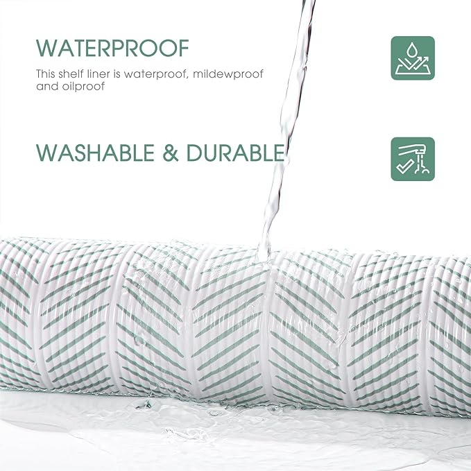 Glotoch Non Adhesive Shelf Liners for Kithchen Cabinets,Non Slip Waterproof Drawer Liners for Dresser, Liner, Fridge, Wire Shelving,Pantry,Heavy Duty, White and Green Herringbone 12X60 Inch