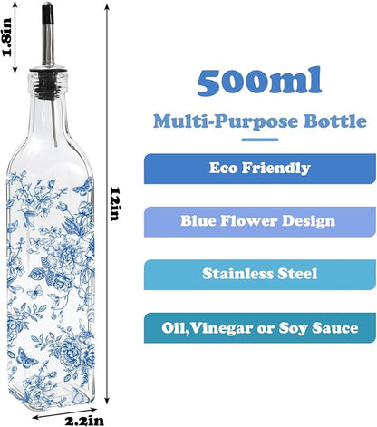 JarThenaAMCS Chinoiserie Olive Oil Dispenser Bottle Blue Floral Glass Cruet - Image 2