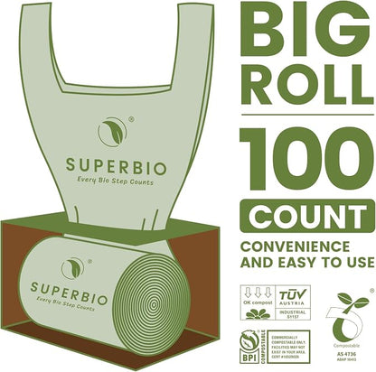 SUPERBIO 2.6 Gallon Compostable Bags, 2 Pack, Handle Tie Food Waste Bags - Image 2