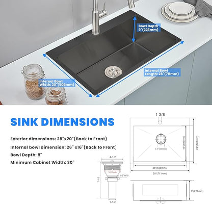 POPFLY Kitchen Sink, 28×20 Inch Drop In 18 Gauge Handmade SUS 304 Top mount Stainless Steel 9 Inch Deep Single Bowl Kitchen Sinks, Black