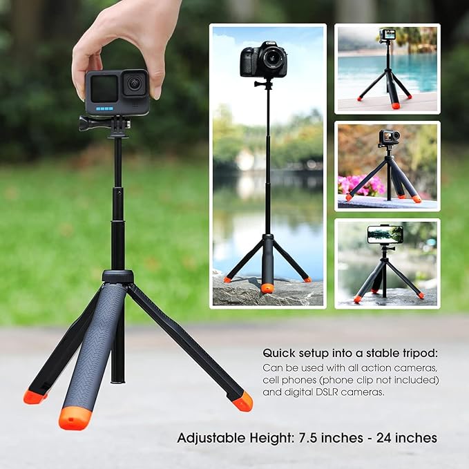 SOONSUN 4in1 Floating Selfie Stick Tripod for GoPro Hero 13 12 11 10 9 8 7 6 5 4 3, Max, AKASO, Osmo Action 3/4/5 Pro Camera - As Waterproof Extension Monopod Pole Floating Handle Grip Tripod Stand
