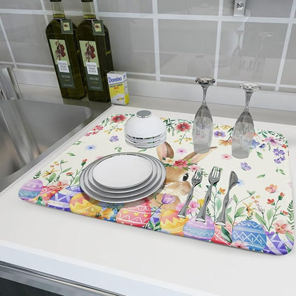 Giwawa Easter Rabbit Dish Drying Mat Spring Flower Dish Drainer Rack Mats 18x24 - Image 6