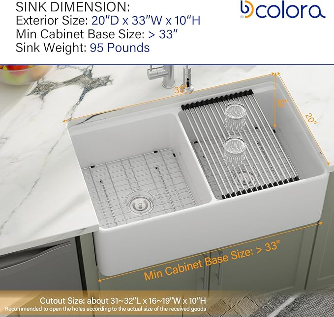 Dcolora 33 Inch White Farmhouse Sink Double Bowl 50/50 Workstation Country Farm Barn Kitchen Sink Flat Apron Front White Fireclay Ceramic Porcelain Sinks, 33x20x10, DC-A7767