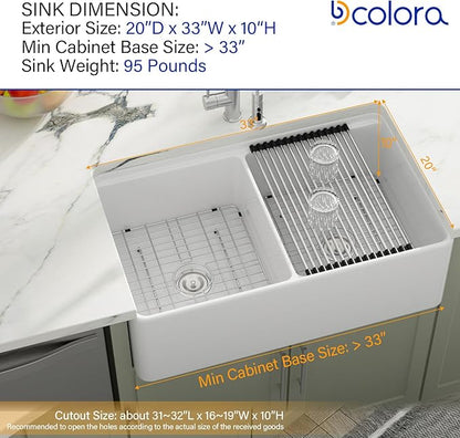 Dcolora 33 Inch White Farmhouse Sink Double Bowl 50/50 Workstation Country Farm Barn Kitchen Sink Flat Apron Front White Fireclay Ceramic Porcelain Sinks, 33x20x10, DC-A7767