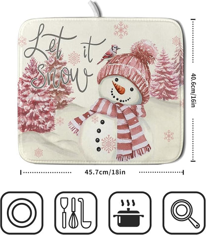 Giwawa Pink Snowman Dish Drying Mat Xmas Trees Bird Winter Snowy Scene Dish - Image 2