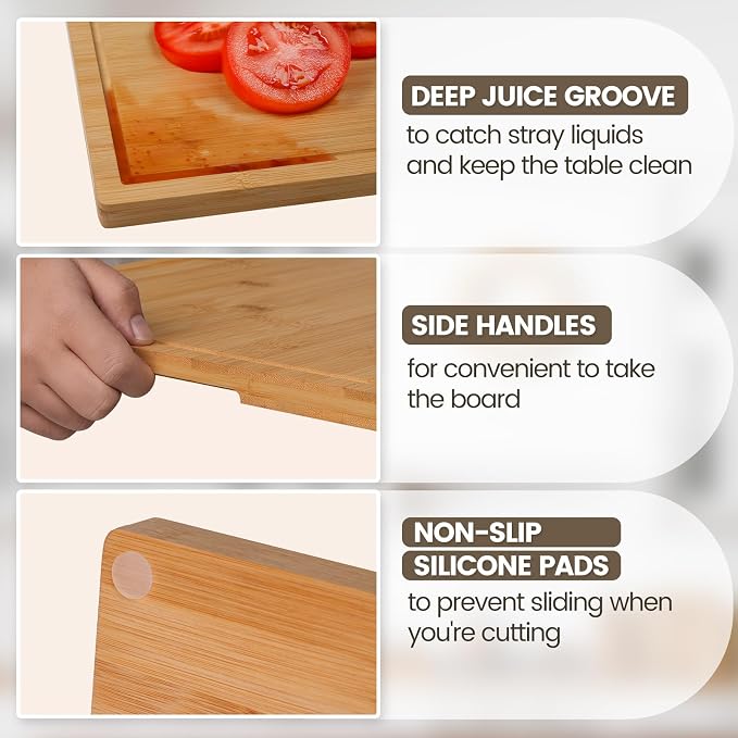 Kikcoin Bamboo Cutting Boards for Kitchen, 2XLarge Wood Cutting Board - Image 4