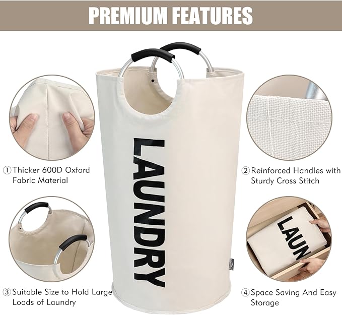 DOKEHOM 125L X-Large Laundry Basket, Collapsible Laundry Bag, Freestanding Tall Clothes Hamper, Foldable Washing Bin (Beige)